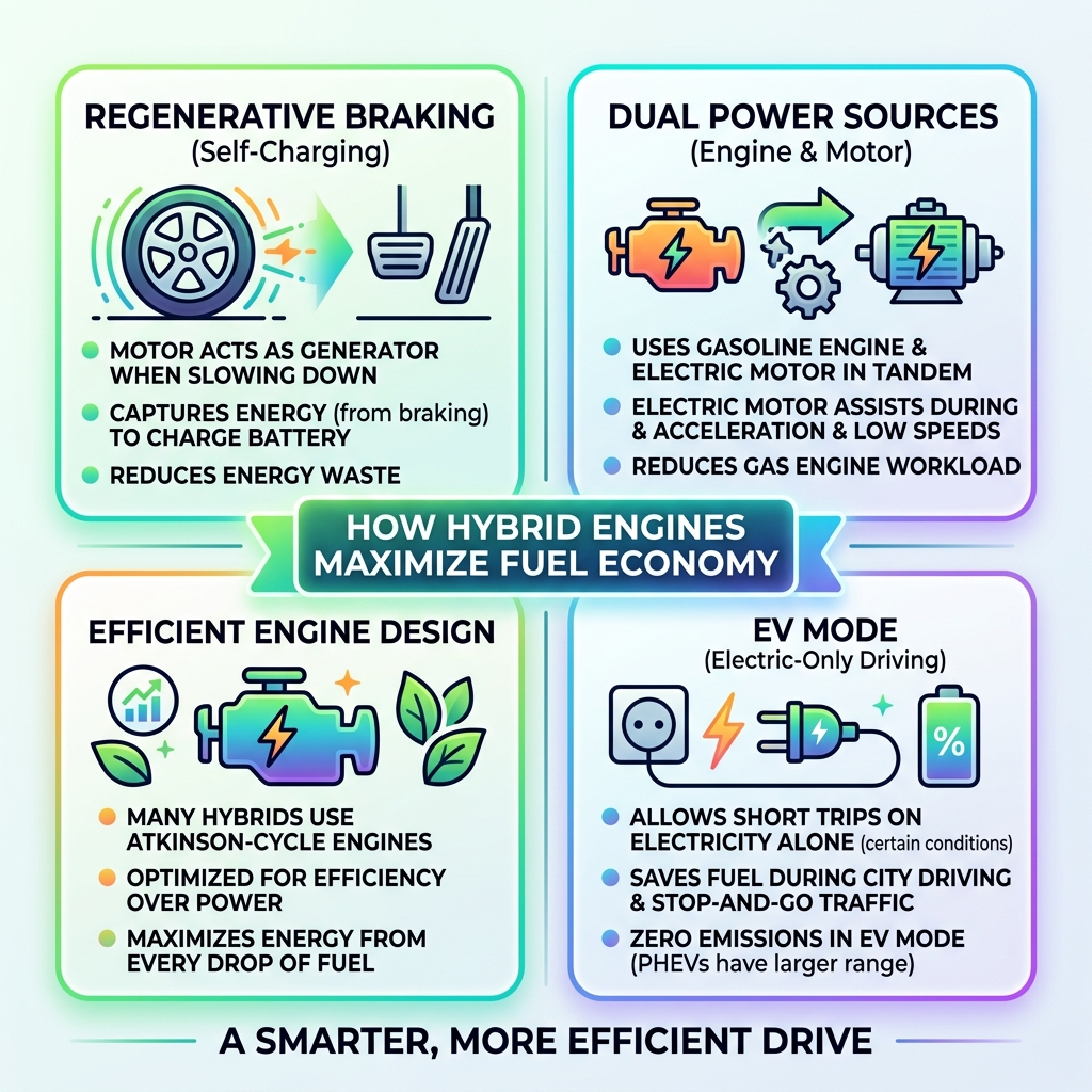 Infographic explaining how hybrid engines maximize fuel economy - fuel efficient hybrid cars infographic 