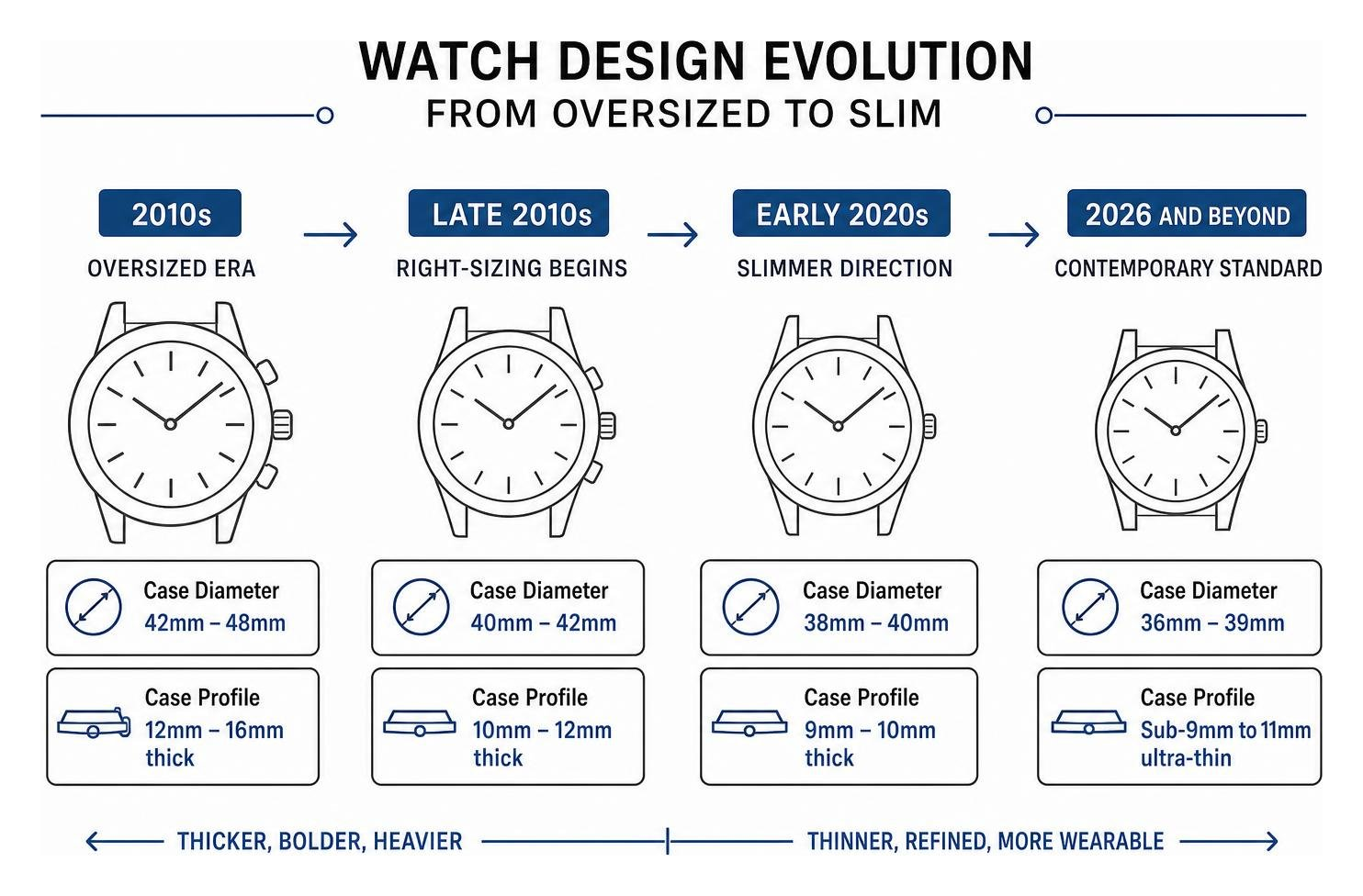 timeline of watch design evolution from oversized to slim