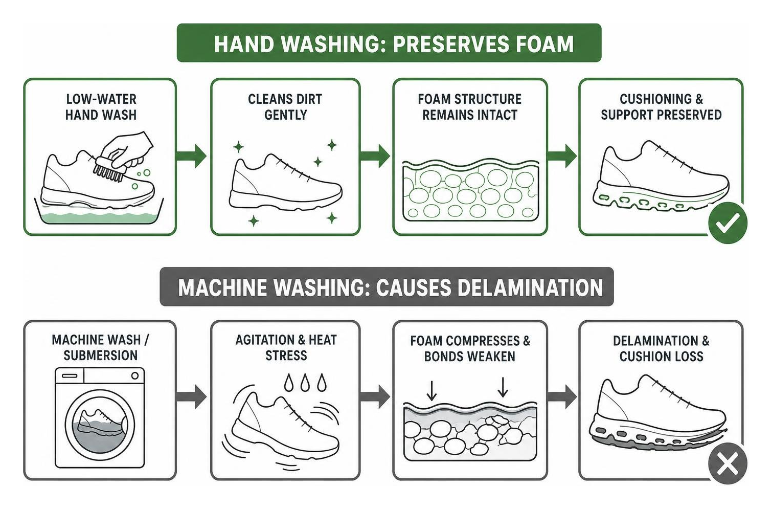 Cleaning risk comparison: hand washing preserves foam versus machine washing causing delamination Cleaning risk comparison: hand washing preserves foam versus machine washing causing delamination