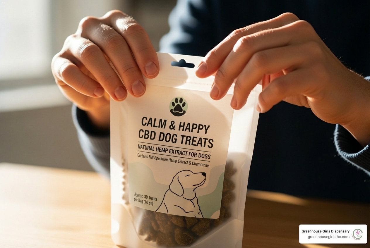 person examining the label on a bag of CBD dog treats - pet cbd treats for dogs near me