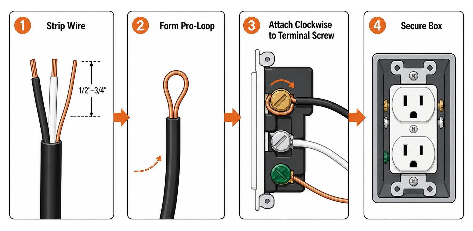 Step-by-step sequence of stripping wire, forming pro-loop, attaching clockwise to terminal screw, and securing box Step-by-step sequence of stripping wire, forming pro-loop, attaching clockwise to terminal screw, and securing box