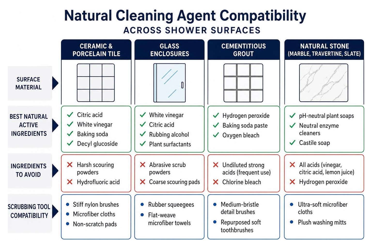 Natural cleaning agent compatibility across tile, glass, grout, and natural stone surfaces Natural cleaning agent compatibility across tile, glass, grout, and natural stone surfaces