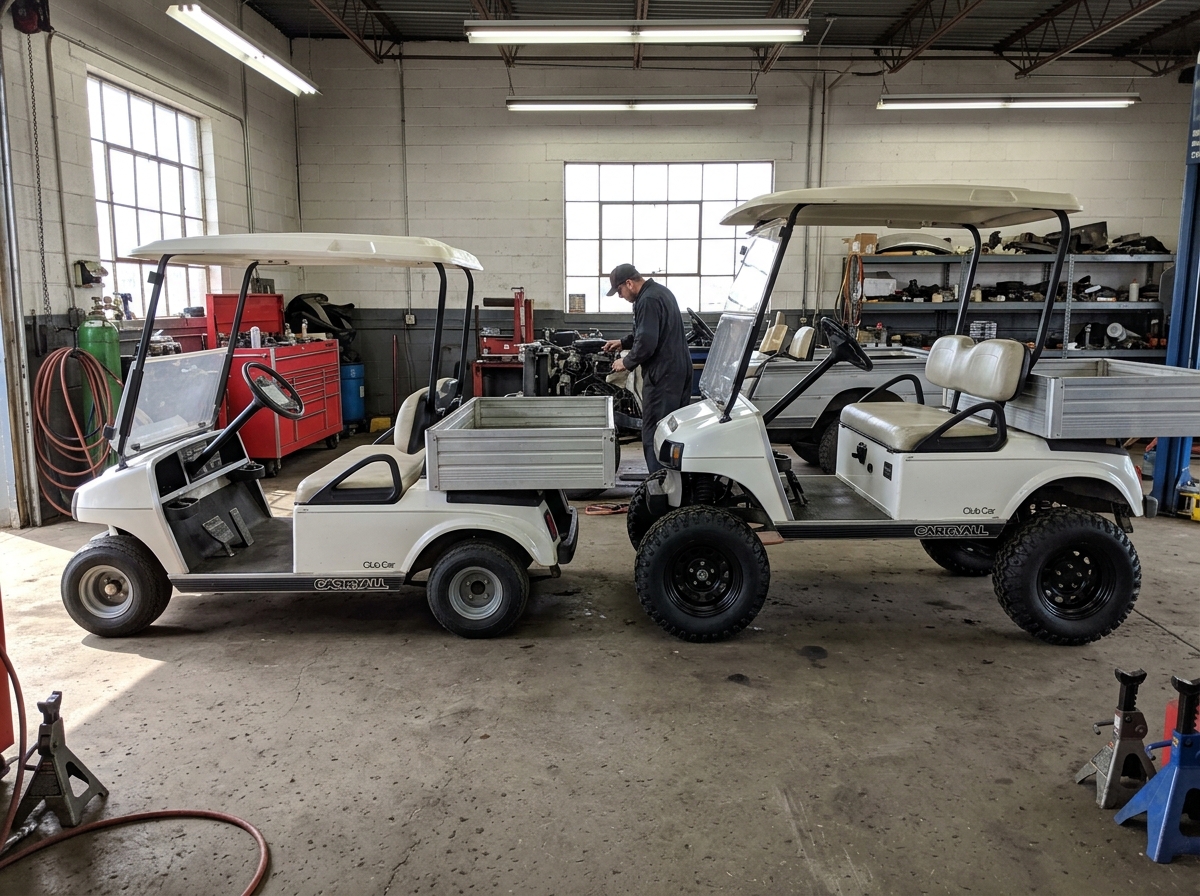 side by side comparison of a stock club car carryall and a lifted carryall in a workshop - club car carryall lift kit