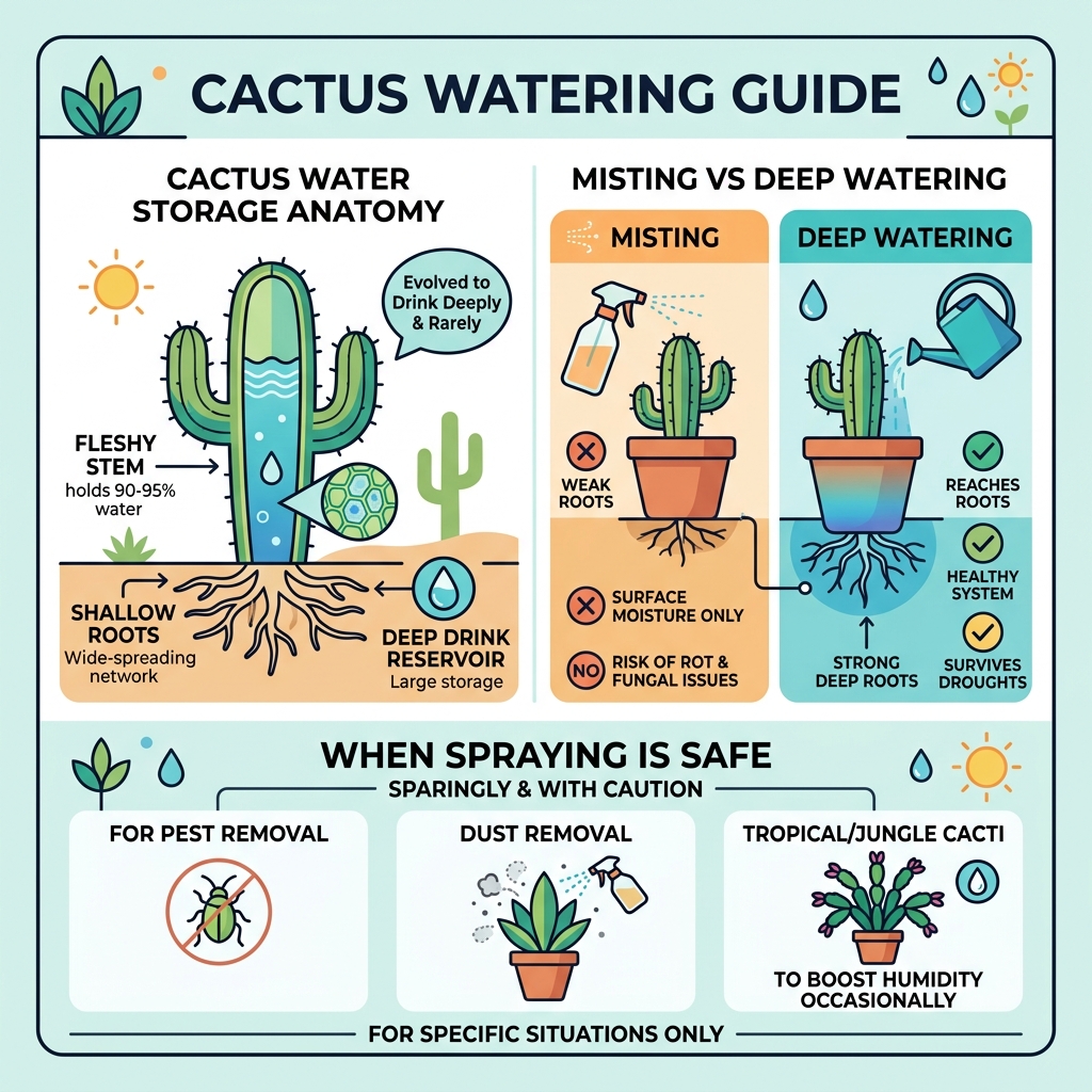 Infographic showing cactus water storage anatomy, misting vs deep watering, and when spraying is safe - can you spray cactus