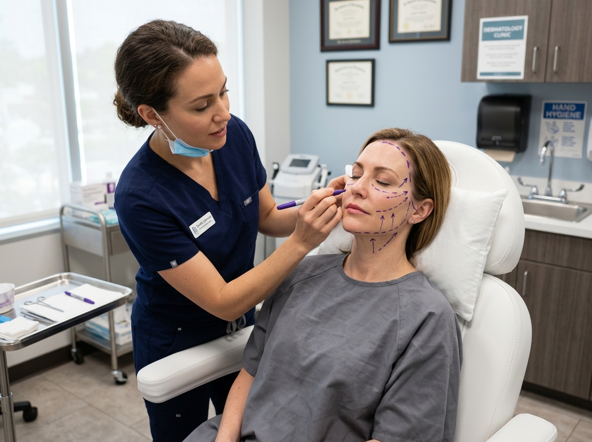 Provider marking the face for precise thread placement and lifting vectors - what are thread lifts Provider marking the face for precise thread placement and lifting vectors - what are thread lifts