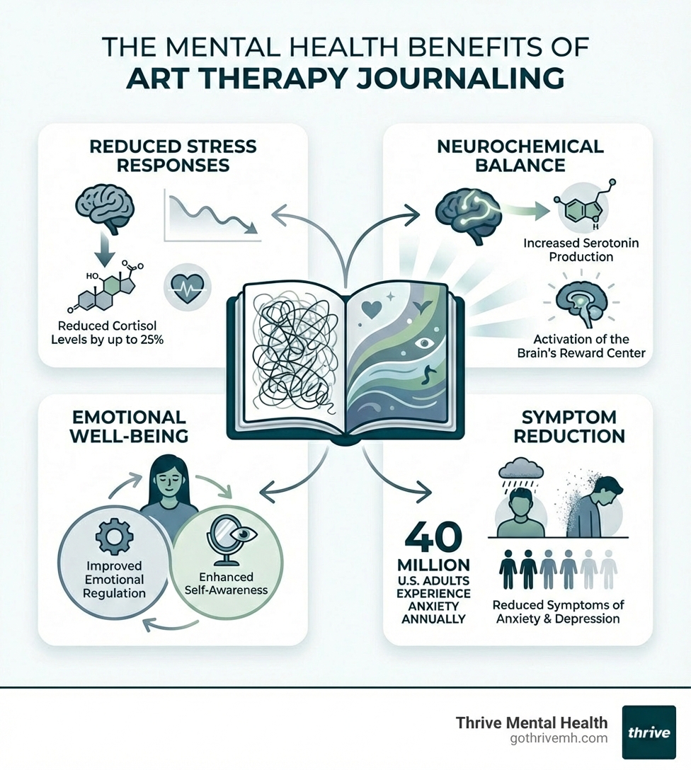 infographic showing the mental health benefits of art therapy journaling including reduced cortisol levels by up to 25%, increased serotonin production, activation of the brain's reward center, improved emotional regulation, enhanced self-awareness, and reduced symptoms of anxiety and depression with statistics showing 40 million U.S. adults experience anxiety annually - art therapy journal ideas infographic 