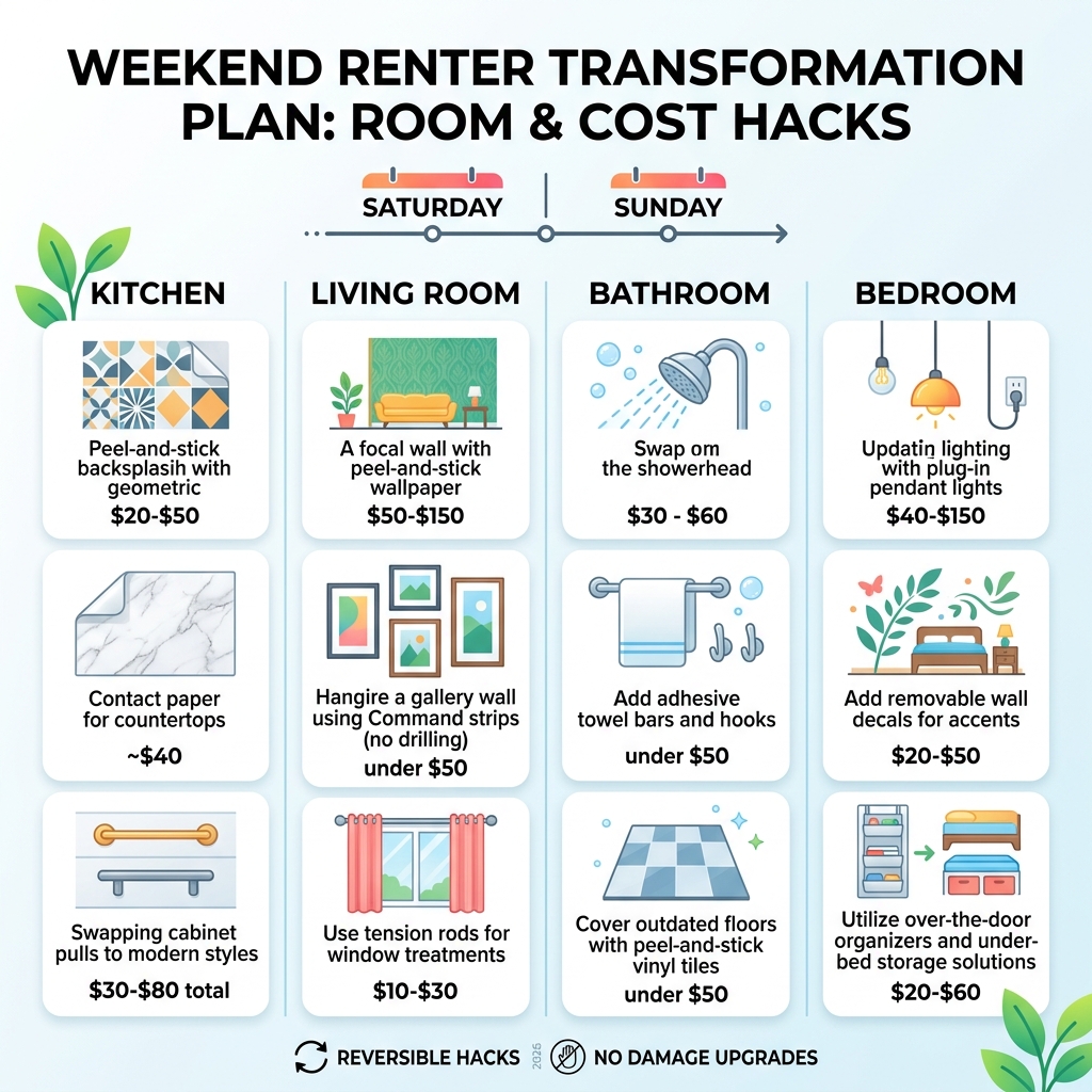 infographic showing a weekend transformation plan for renters with hacks by room and cost - renter-friendly hacks