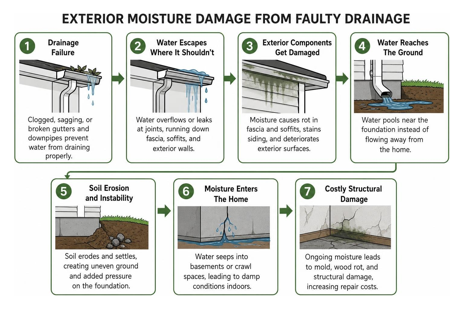 Process framework diagram showing the stages of exterior moisture damage from faulty drainage Process framework diagram showing the stages of exterior moisture damage from faulty drainage