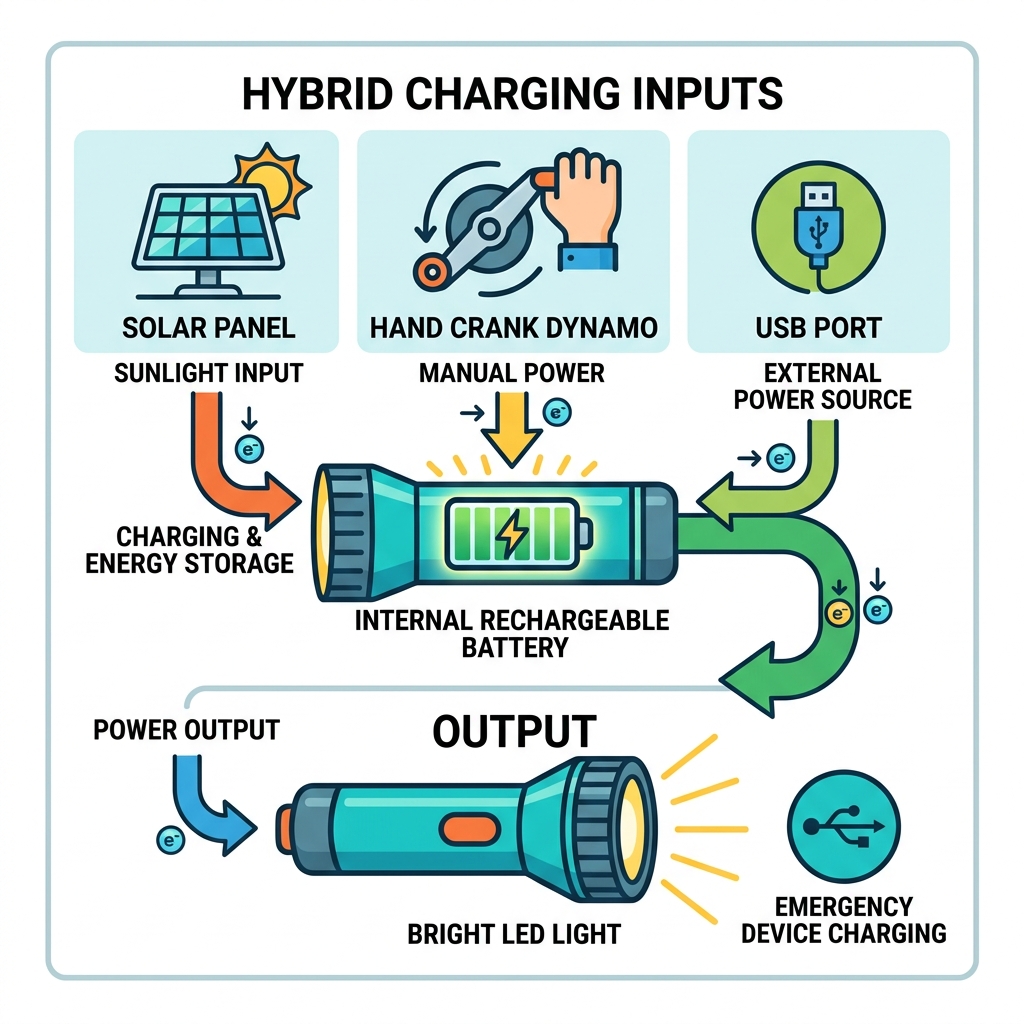Infographic showing hybrid charging process: solar panel input, hand crank dynamo, USB port, internal battery, LED output Infographic showing hybrid charging process: solar panel input, hand crank dynamo, USB port, internal battery, LED output