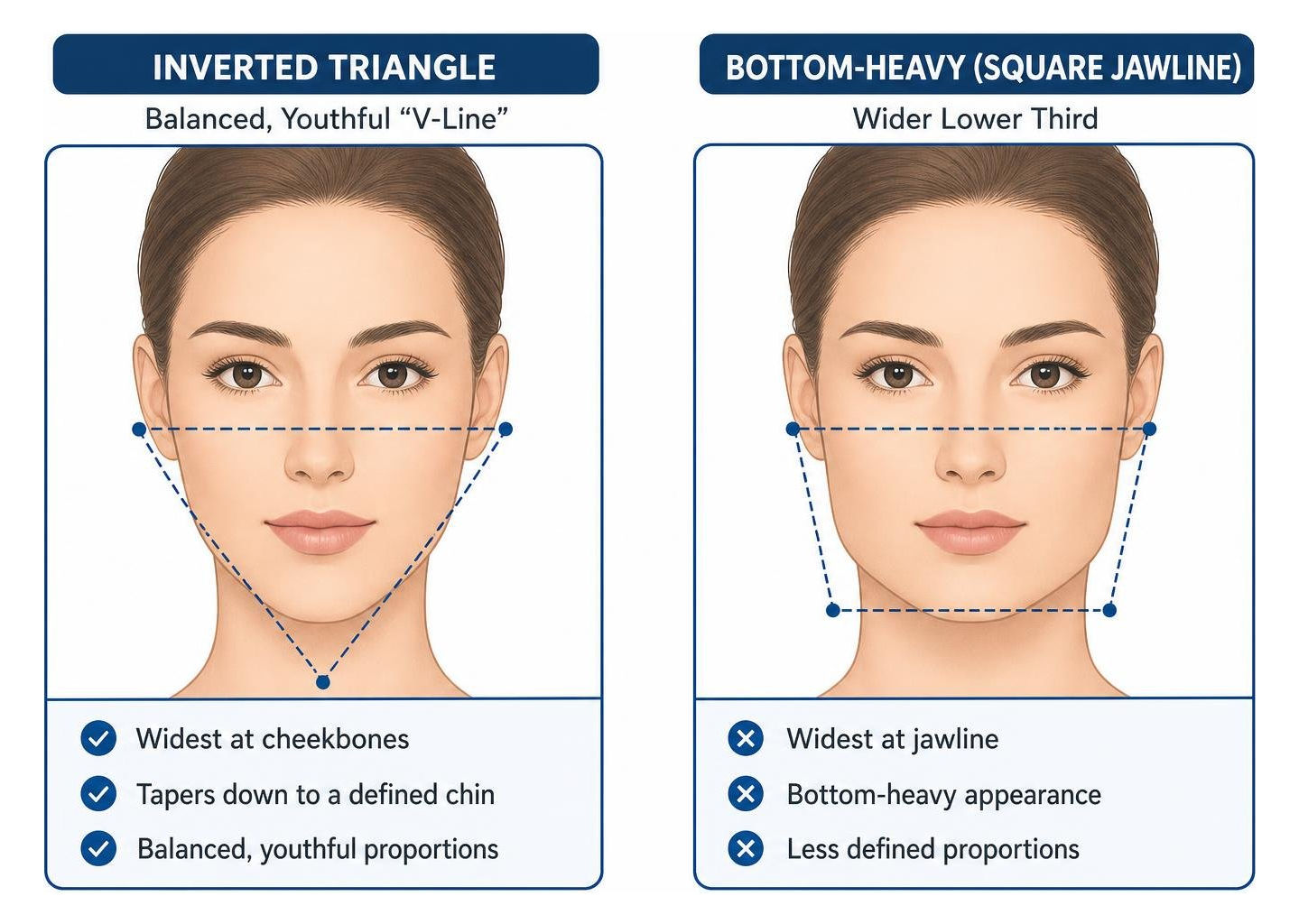 Diagram of facial proportions showing inverted triangle versus bottom-heavy square jawline