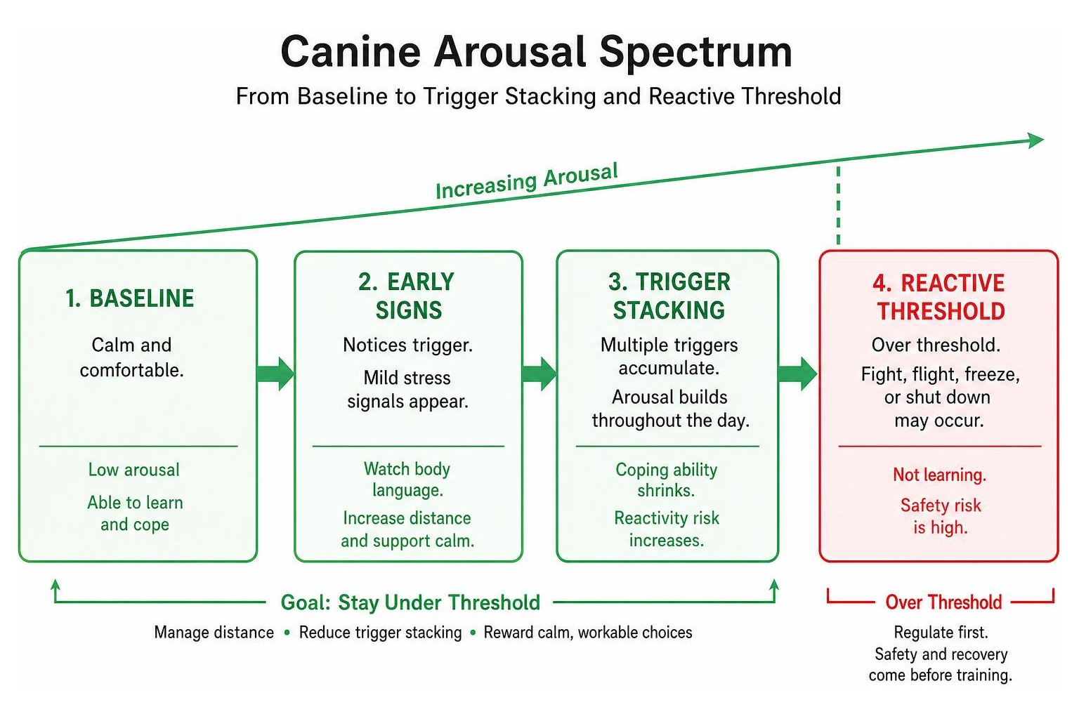 Diagram of the canine arousal spectrum from baseline to trigger stacking and reactive threshold