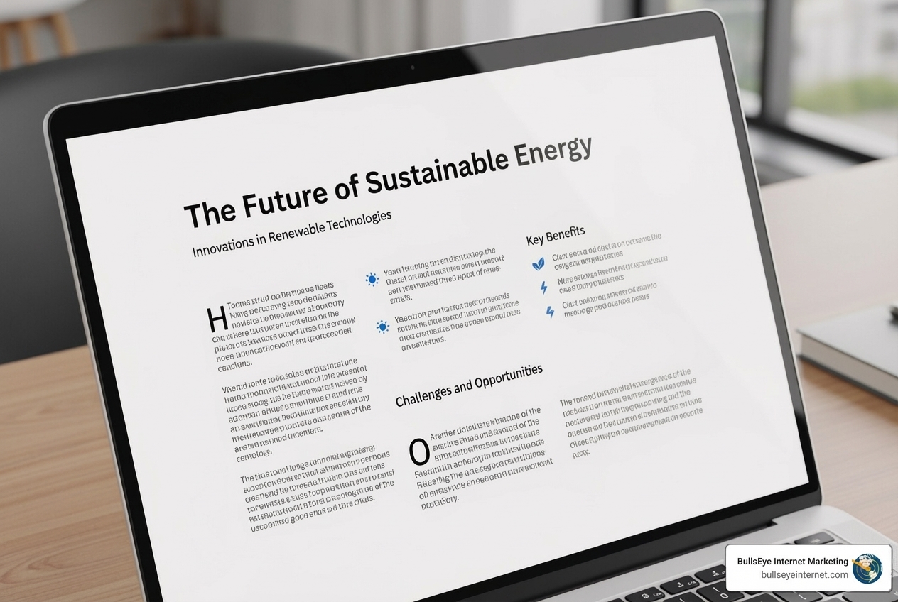 Well-structured article with clear headings and lists - LLM SEO best practices Laptop displaying a document titled "The Future of Sustainable Energy" with sections on innovations in renewable technologies, key benefits, and challenges, emphasizing content optimization for LLM SEO and AI search visibility.
