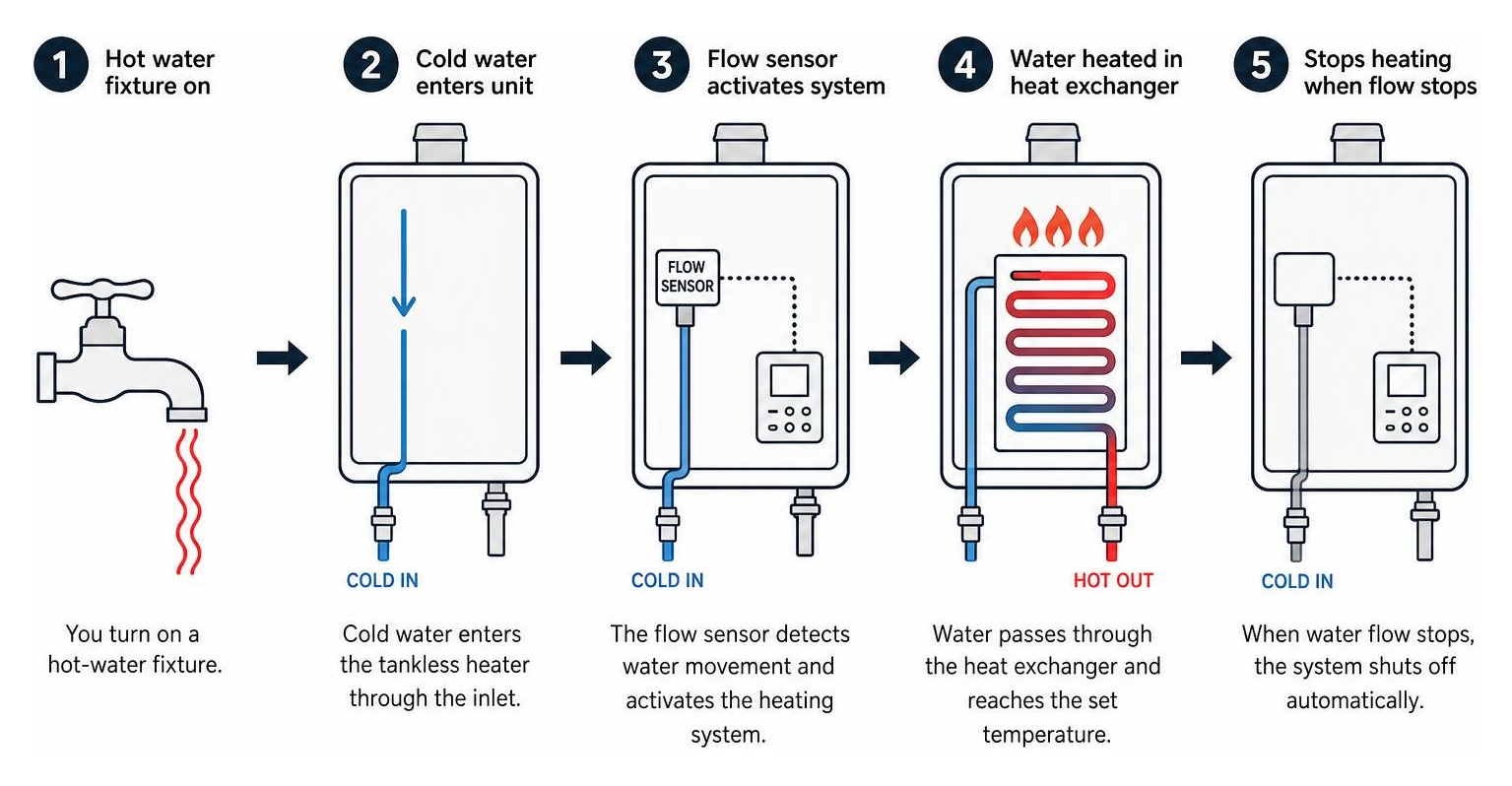 Process sequence of water heating inside a tankless unit