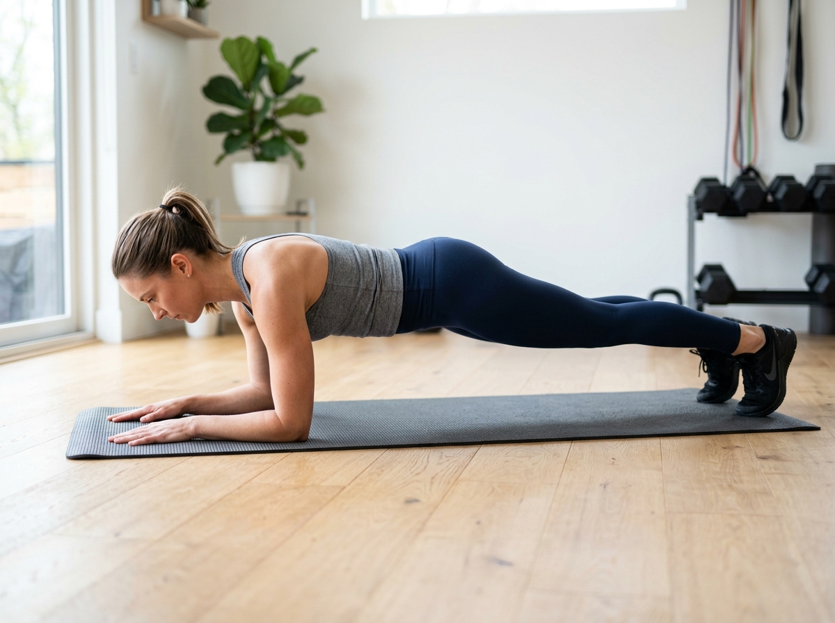 A person demonstrating proper plank position with a flat back and engaged core - 30 minute ab workout no equipment
