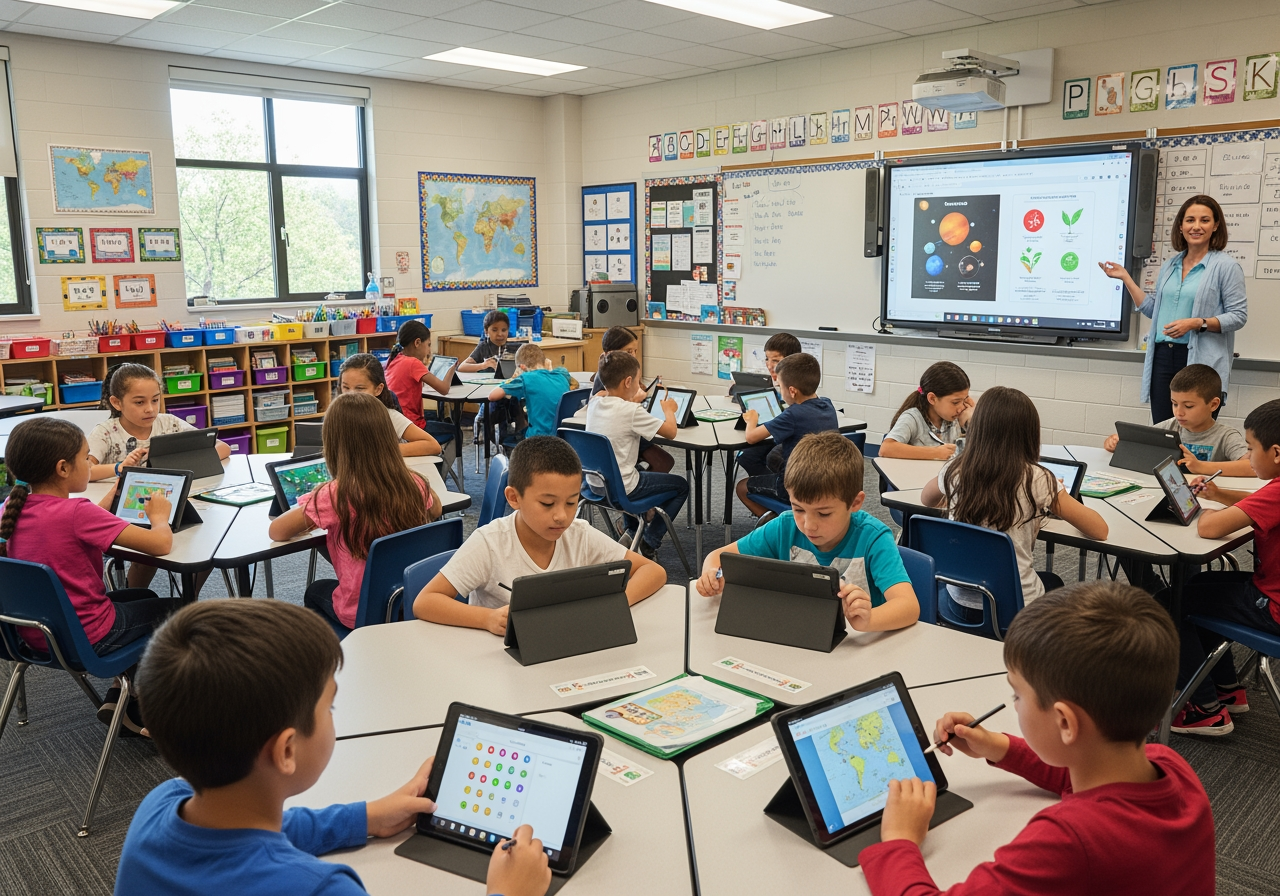 modern classroom with students using tablets and an interactive whiteboard - technology in education