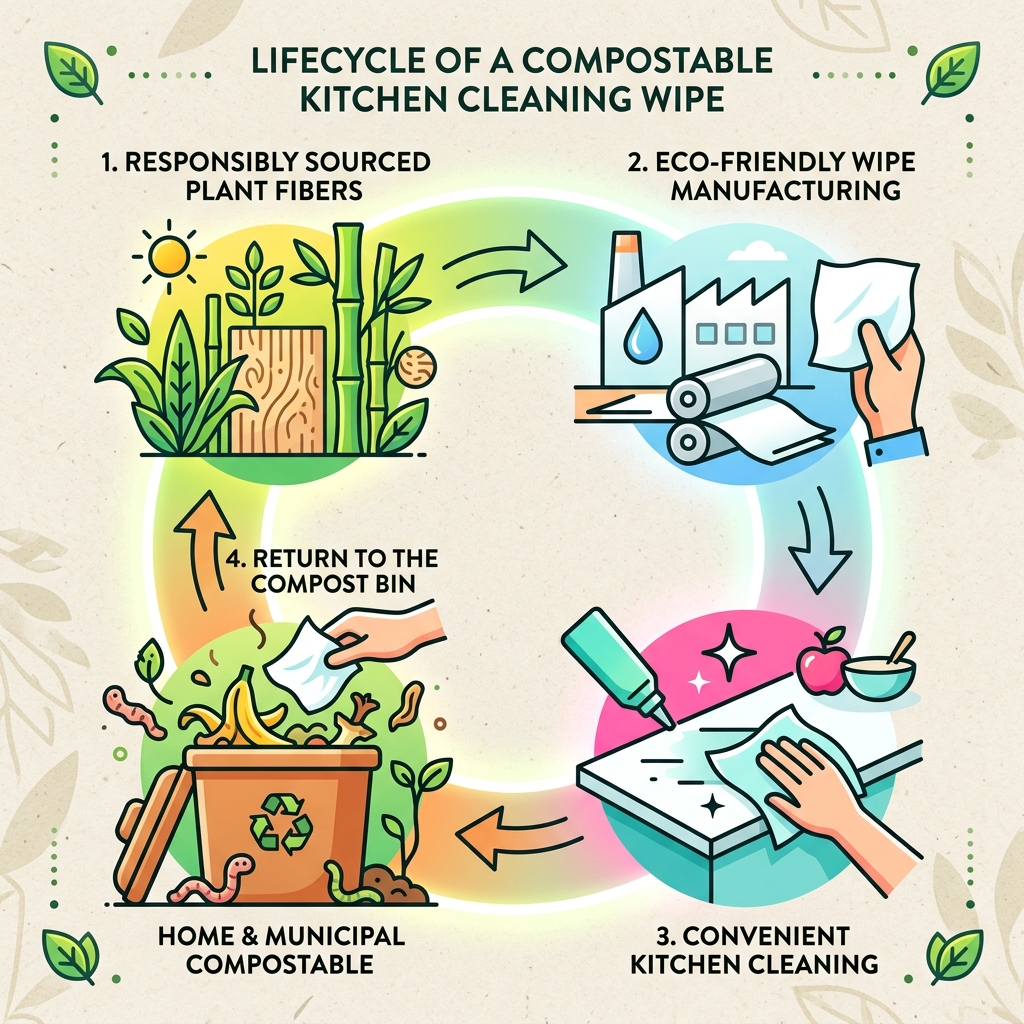 Lifecycle of a compostable kitchen cleaning wipe from plant fiber to compost bin - top eco kitchen cleaning wipes