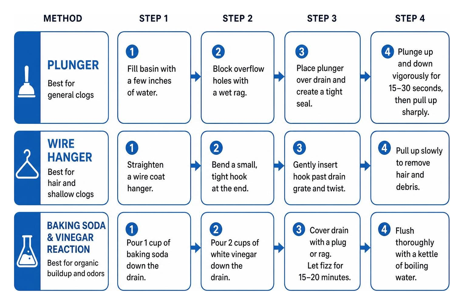 Step-by-step flowchart comparing plunger, wire hanger, and natural chemical reaction unclogging methods Step-by-step flowchart comparing plunger, wire hanger, and natural chemical reaction unclogging methods