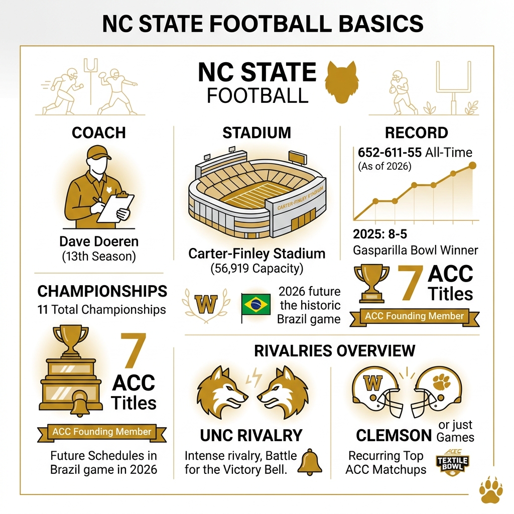 NC State football basics infographic: record, coach, stadium, championships, rivalries overview - nc state football