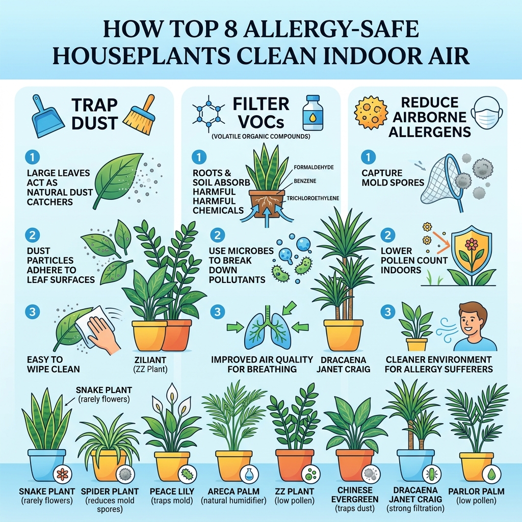 Infographic showing how top 8 allergy-safe houseplants trap dust, filter VOCs, and reduce airborne allergens indoors - low Infographic showing how top 8 allergy-safe houseplants trap dust, filter VOCs, and reduce airborne allergens indoors - low