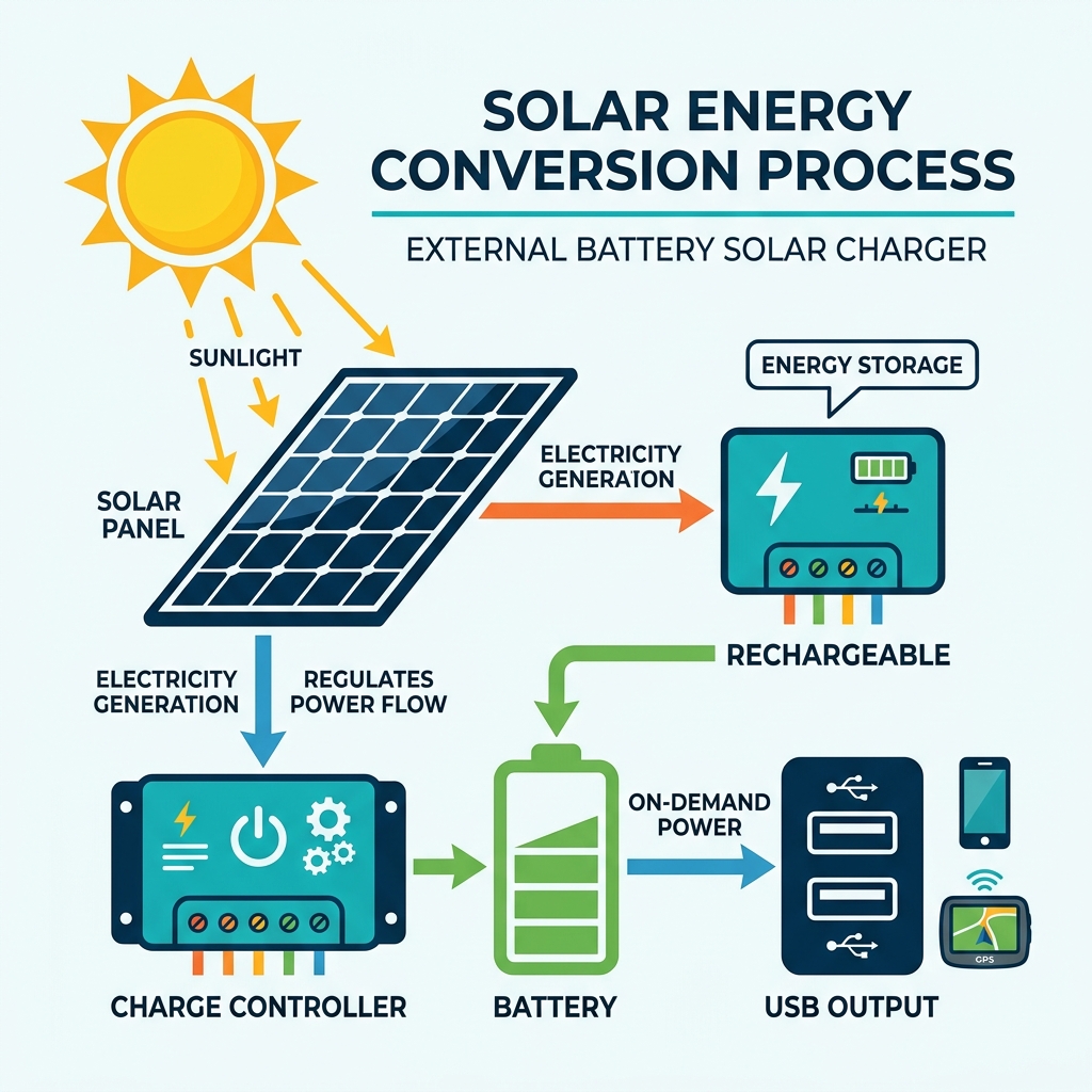 Solar-to-battery energy conversion process infographic showing sunlight, panel, controller, battery, and USB output