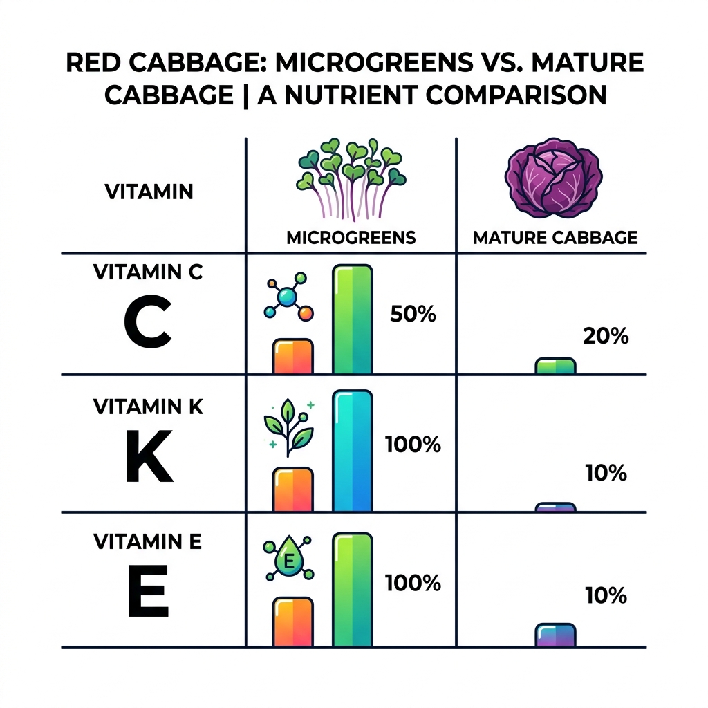 Table comparing Vitamin C, K, and E in red cabbage microgreens vs mature cabbage - nutrition facts organic microgreens