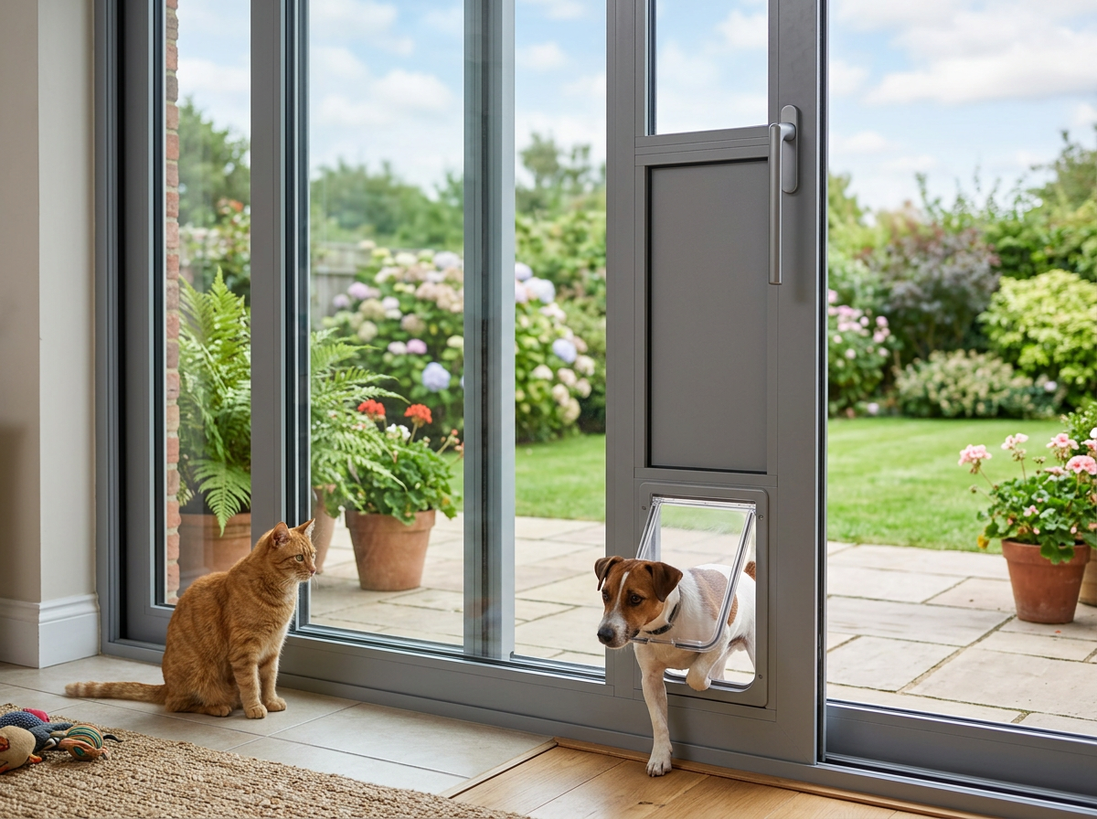 A sleek sliding glass door with a built-in energy-efficient pet door panel