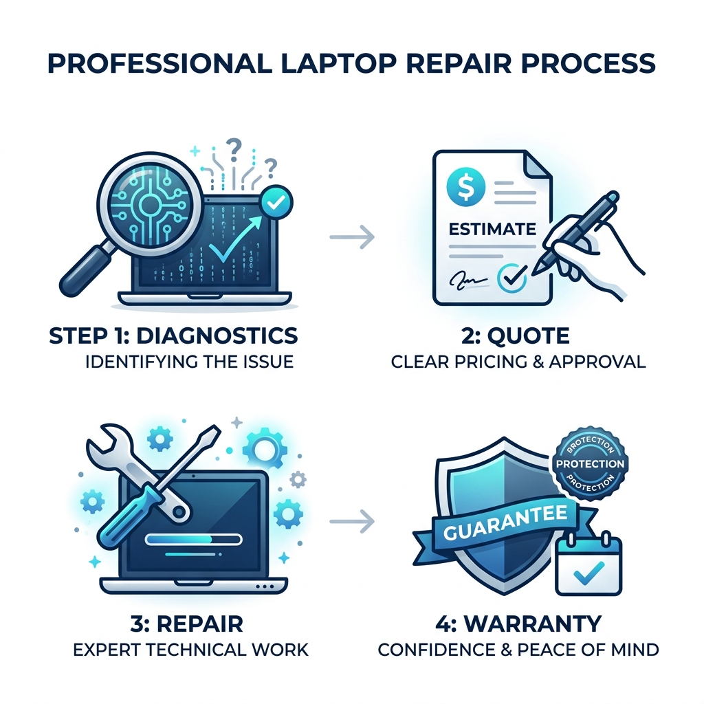 4-step professional laptop repair process infographic: Diagnostics, Quote, Repair, Warranty - best laptop repair shop