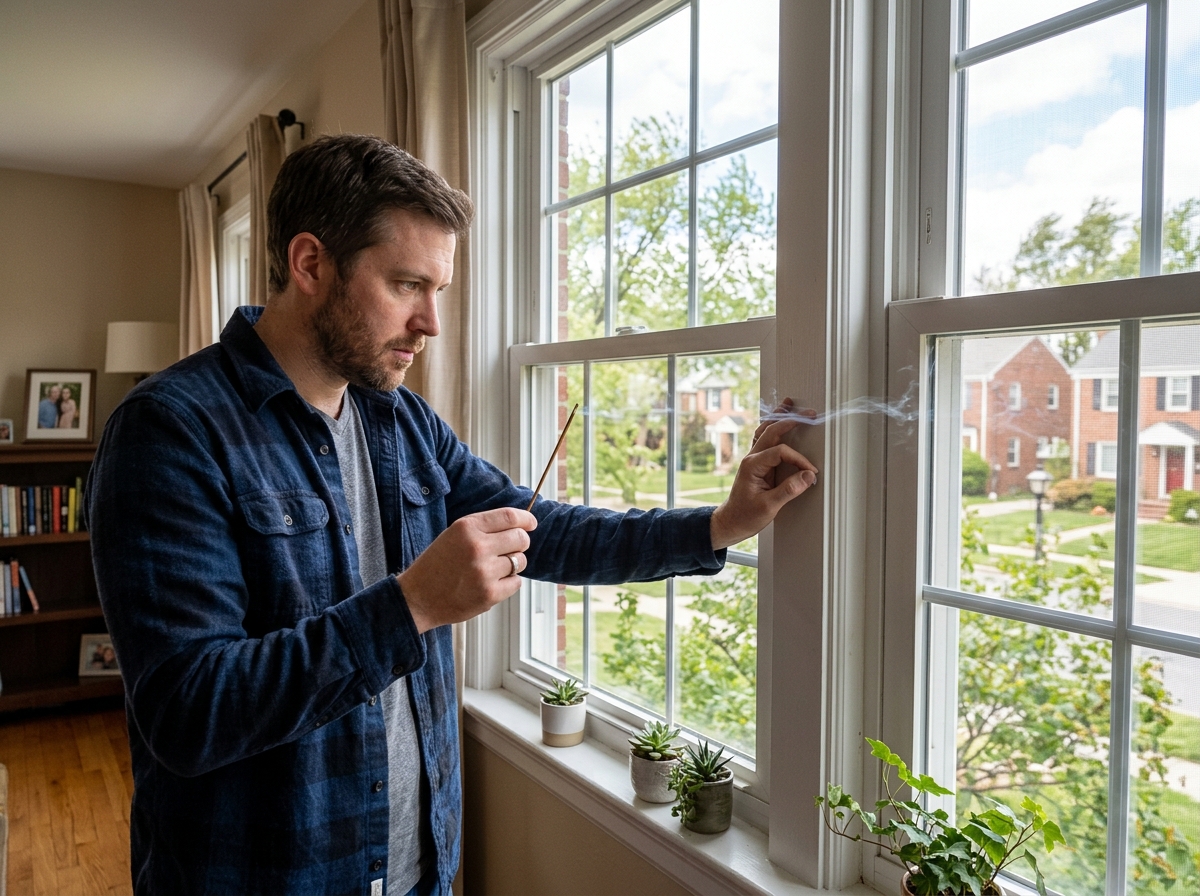 person performing an incense stick draft test near a window frame - plastic for drafty windows person performing an incense stick draft test near a window frame - plastic for drafty windows