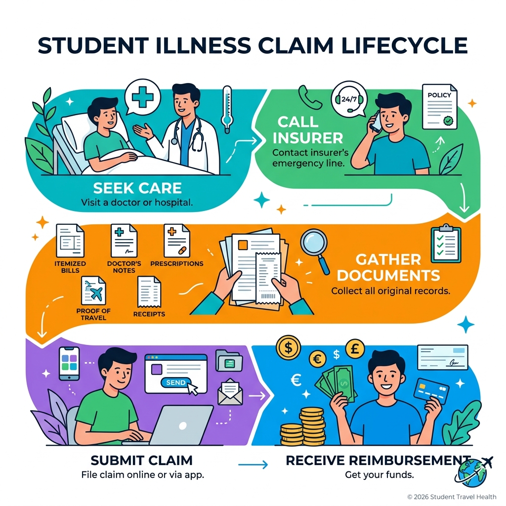 Student illness claim lifecycle infographic: seek care, call insurer, gather documents, submit claim, receive reimbursement Student illness claim lifecycle infographic: seek care, call insurer, gather documents, submit claim, receive reimbursement