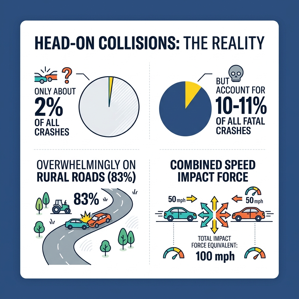 Infographic showing head-on collision statistics: 2% of crashes, 10-11% of fatalities, 83% on rural roads, combined speed