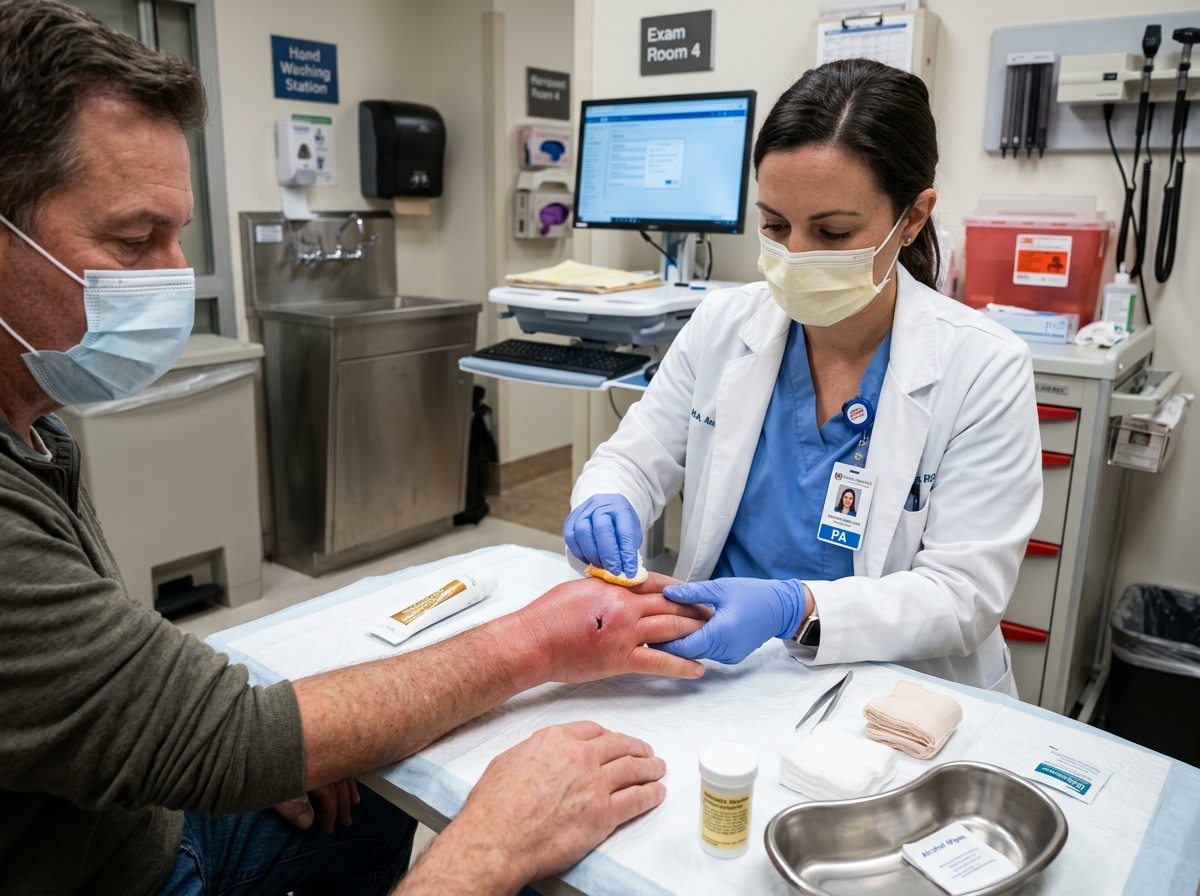 Medical professional treating a severe hand infection from an animal bite puncture wound - cat bite injury lawyer