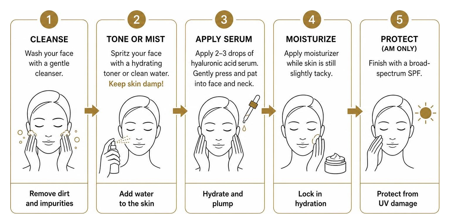 Diagram showing the correct sequence of applying hyaluronic acid serum on damp skin