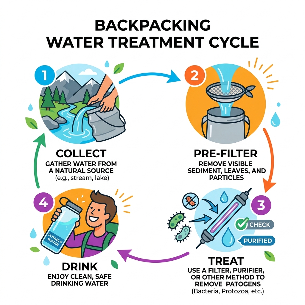 Water treatment cycle from source to bottle: collect, pre-filter, treat, drink - water purification for backpacking