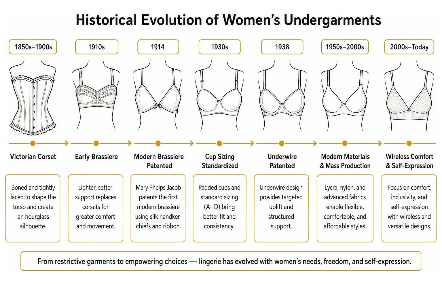 Historical evolution of women's undergarments from Victorian corsets to modern wireless bras