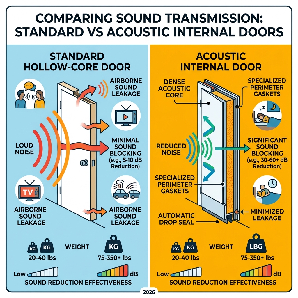 how acoustic internal doors block and absorb sound waves compared to standard doors - acoustic internal doors infographic how acoustic internal doors block and absorb sound waves compared to standard doors - acoustic internal doors infographic