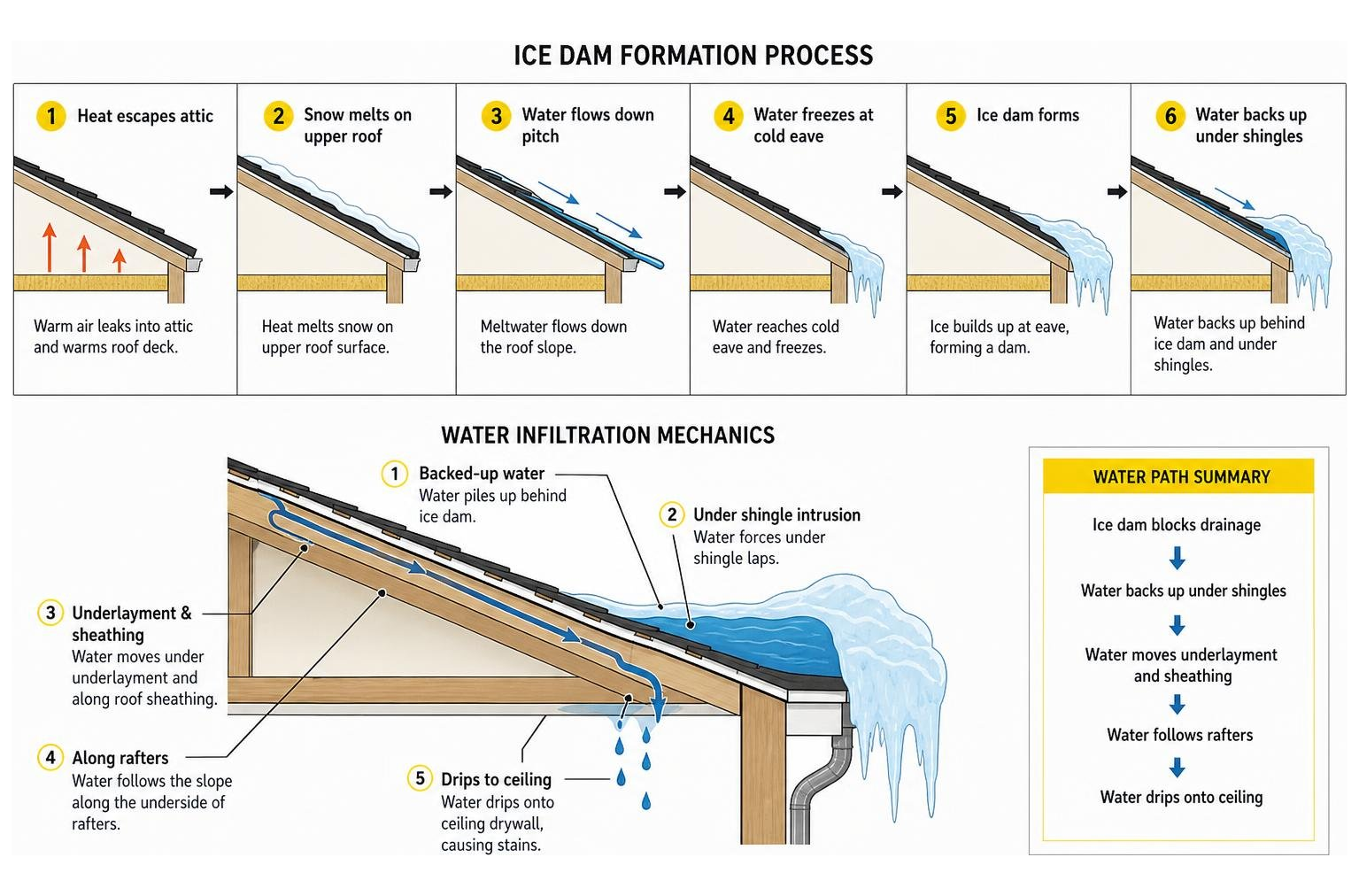 Ice dam formation process and water infiltration mechanics Ice dam formation process and water infiltration mechanics