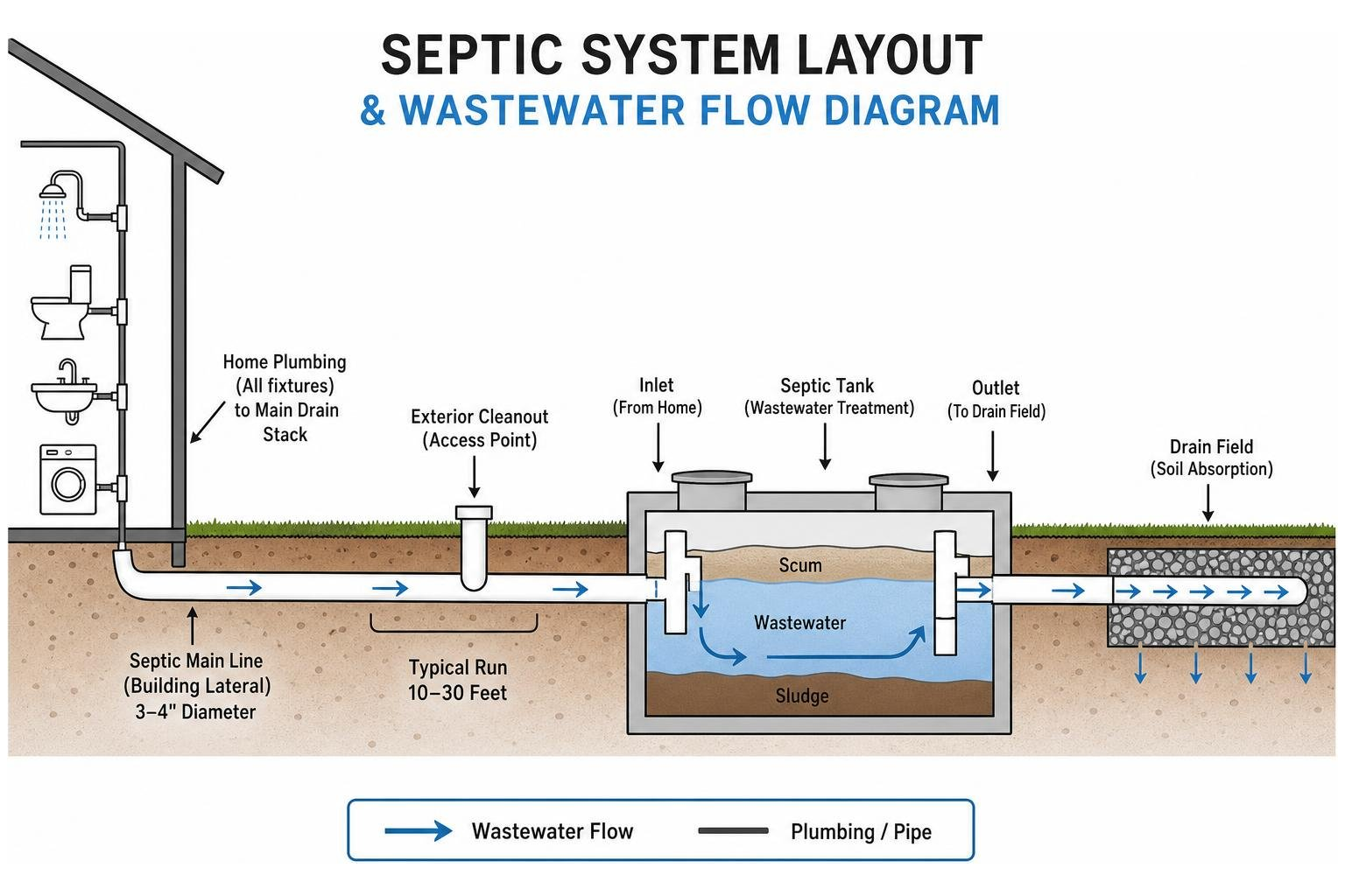 Septic system layout and wastewater flow diagram