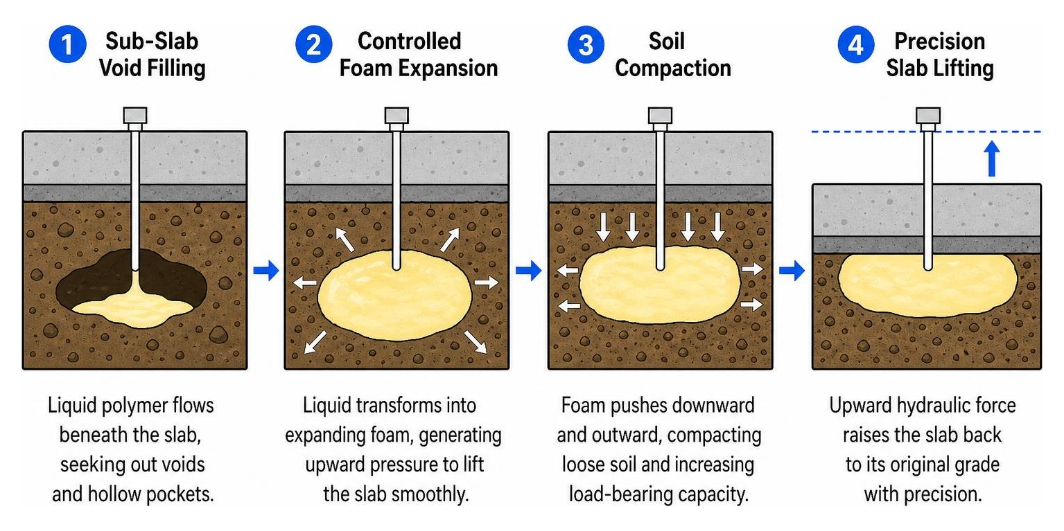 Sub-slab void filling, soil compaction, controlled foam expansion, and precision slab lifting Sub-slab void filling, soil compaction, controlled foam expansion, and precision slab lifting