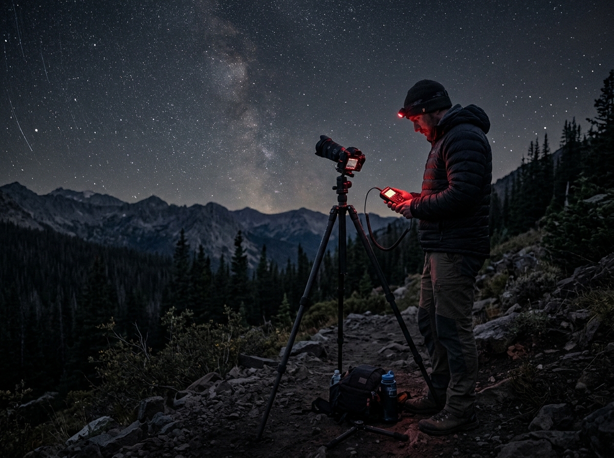 Photographer standing next to a tripod in the dark using an intervalometer - long exposure star trails Photographer standing next to a tripod in the dark using an intervalometer - long exposure star trails