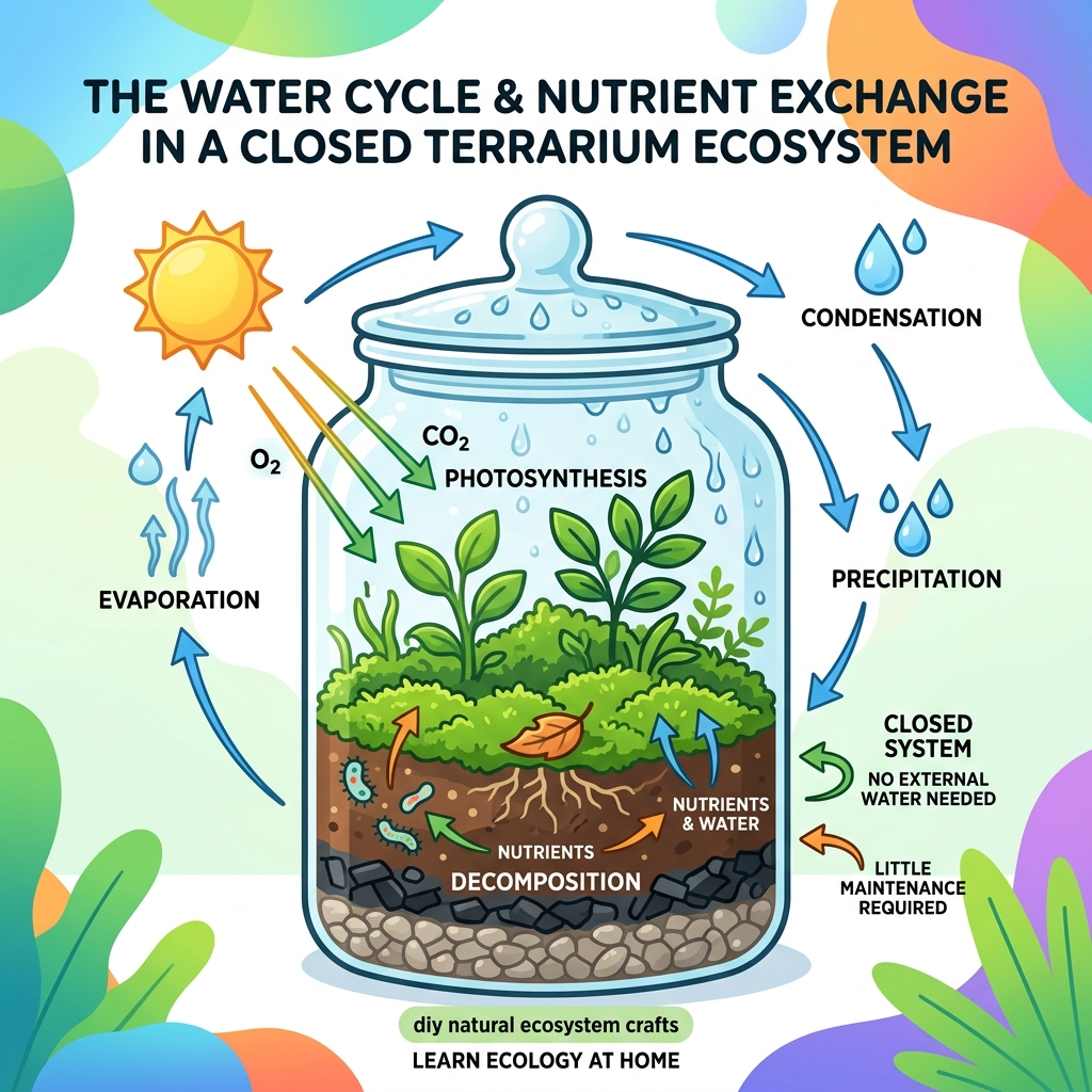 Water cycle and nutrient exchange diagram in a closed terrarium ecosystem - diy natural ecosystem crafts infographic Water cycle and nutrient exchange diagram in a closed terrarium ecosystem - diy natural ecosystem crafts infographic