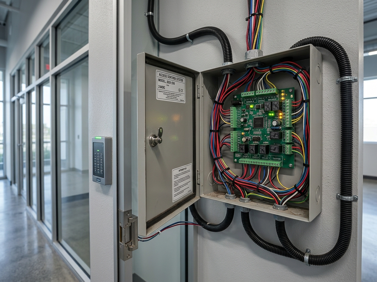 An internal door controller with complex wiring connecting readers and electronic locks - key card access systems An internal door controller with complex wiring connecting readers and electronic locks - key card access systems