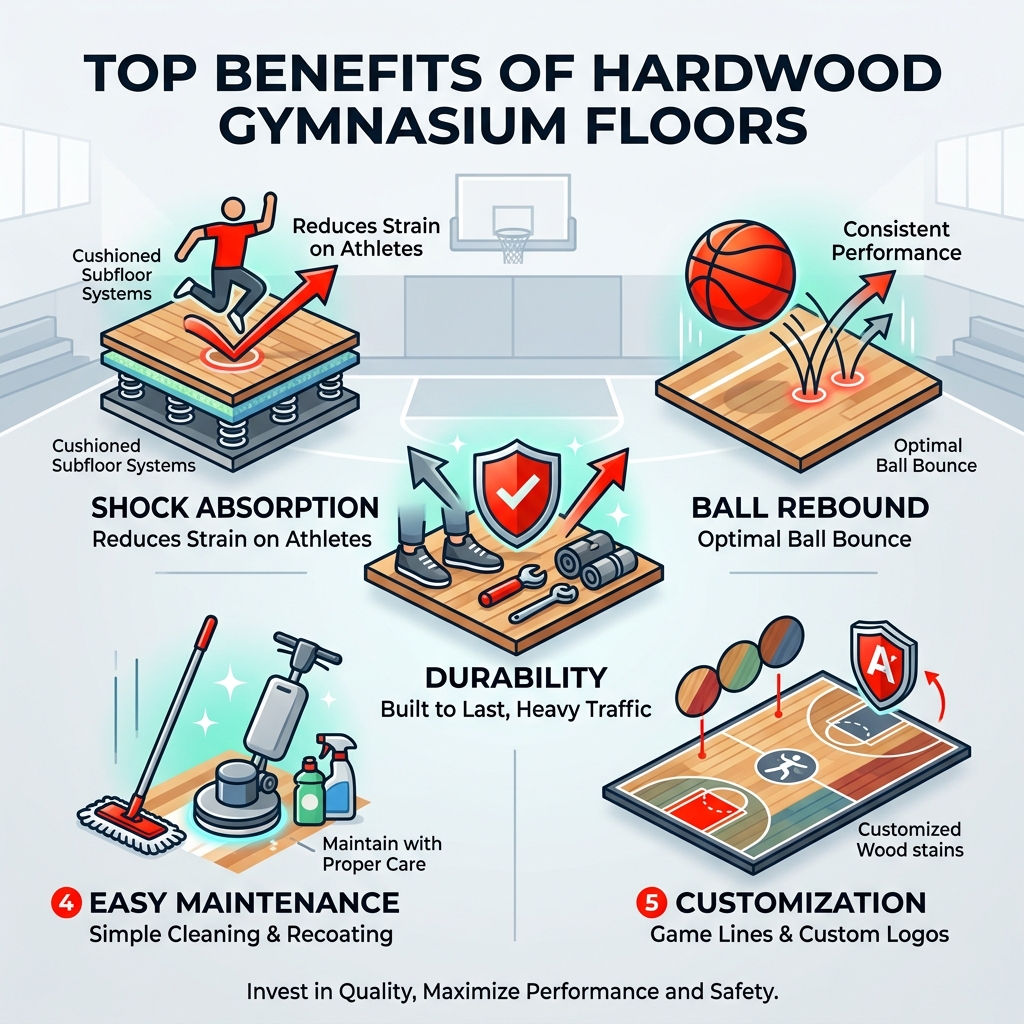 Infographic showing benefits of hardwood gymnasium floors: shock absorption, ball rebound, durability, easy maintenance Infographic showing benefits of hardwood gymnasium floors: shock absorption, ball rebound, durability, easy maintenance