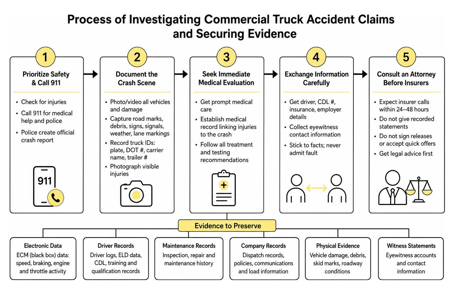 Process of investigating commercial truck accident claims and securing evidence
