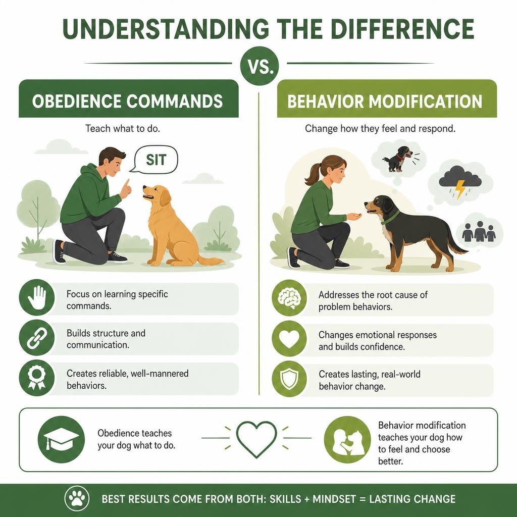 explaining the difference between obedience commands and behavior modification infographic