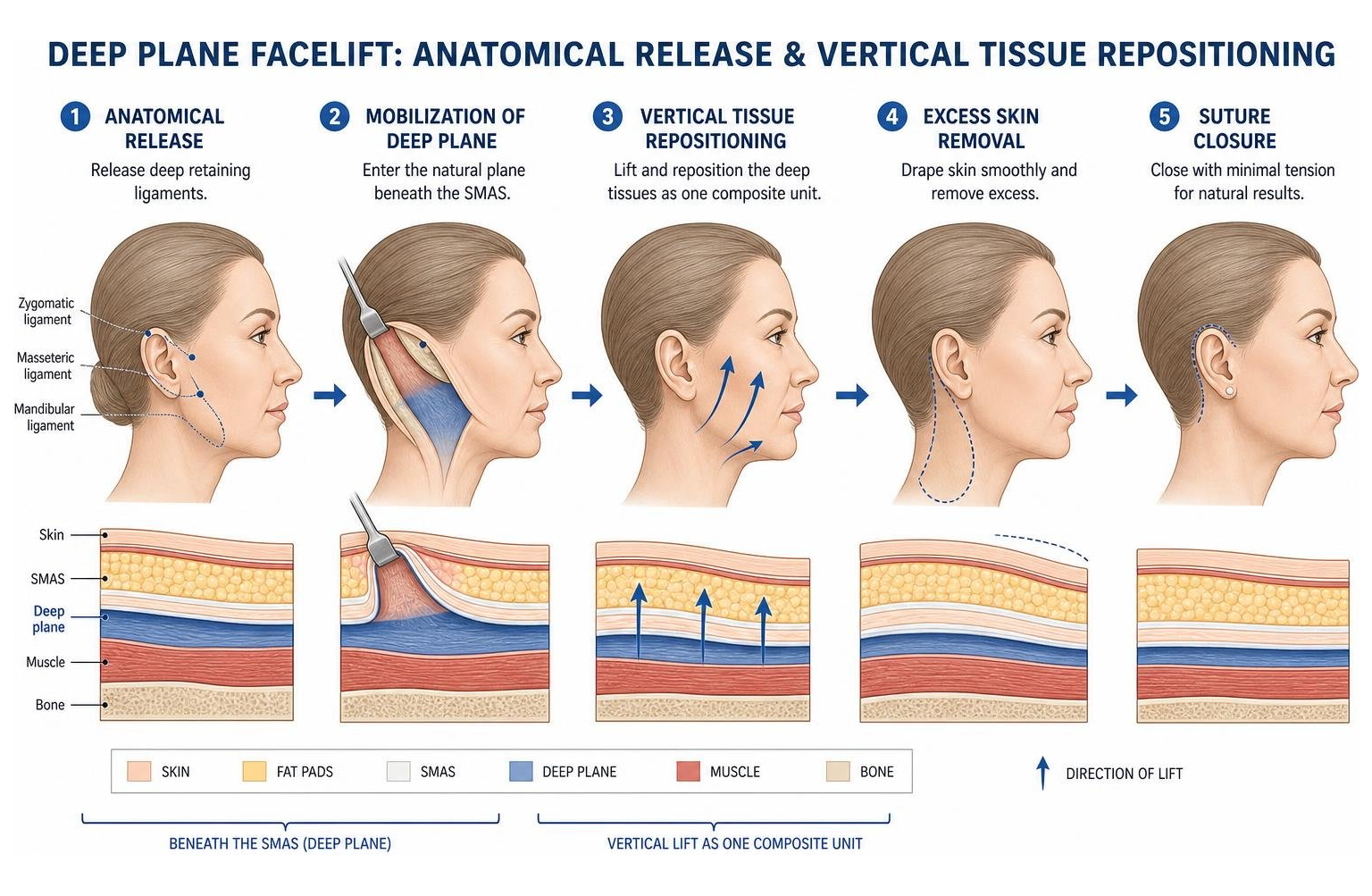 Diagram showing deep plane facelift anatomical release and vertical tissue repositioning Diagram showing deep plane facelift anatomical release and vertical tissue repositioning