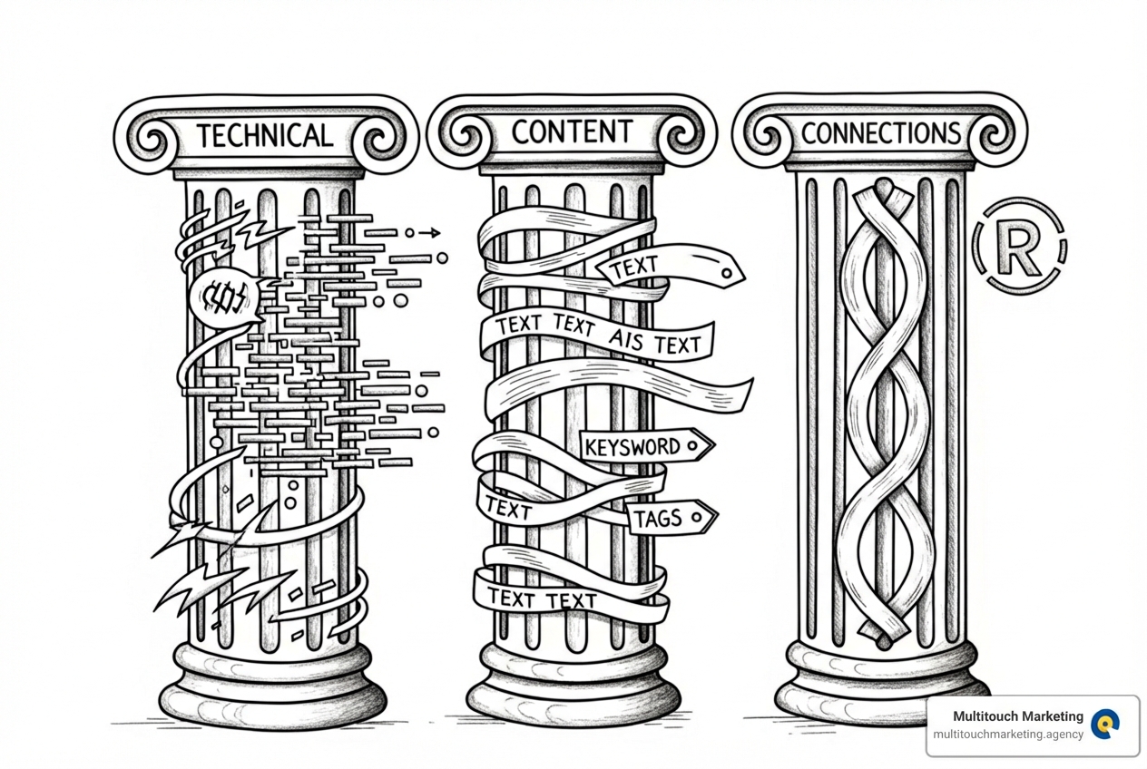 Illustration showing the interconnected pillars of SEO: Technical SEO (website structure, speed), On-Page SEO (keywords, content), and Off-Page SEO (backlinks, reputation) - seo marketing raleigh Illustration showing the interconnected pillars of SEO: Technical SEO (website structure, speed), On-Page SEO (keywords, content), and Off-Page SEO (backlinks, reputation) - seo marketing raleigh