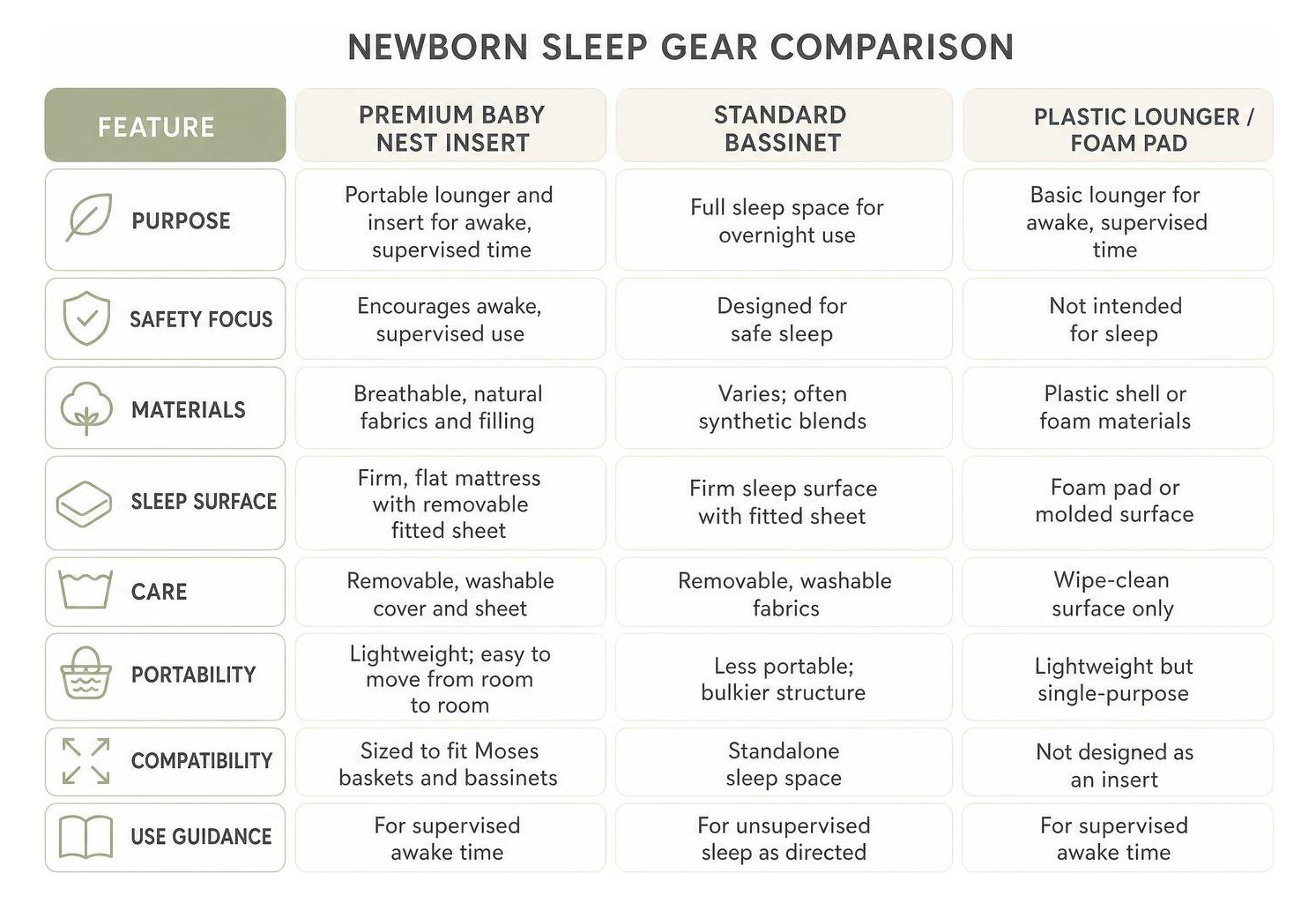 Diagram comparing newborn sleep gear features