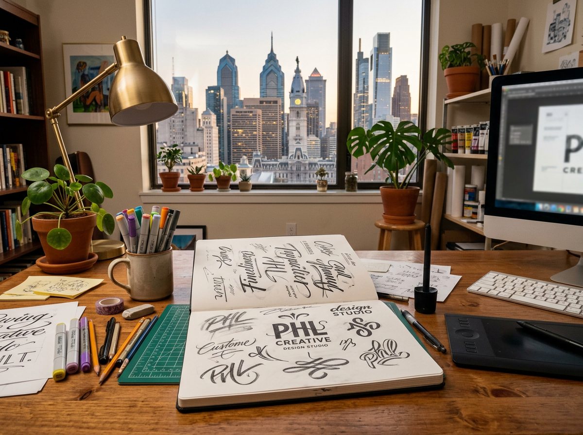 Creative graphic designer refining custom typography for a brand mark logo FZP Digital Philadelphia Creative graphic designer refining custom typography for a brand mark logo FZP Digital Philadelphia