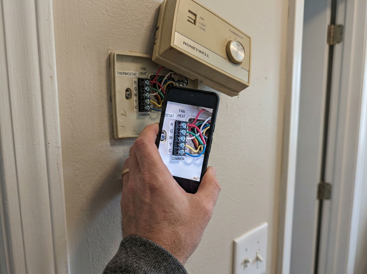 smartphone taking a photo of old thermostat wiring - smart thermostat installation guide smartphone taking a photo of old thermostat wiring - smart thermostat installation guide