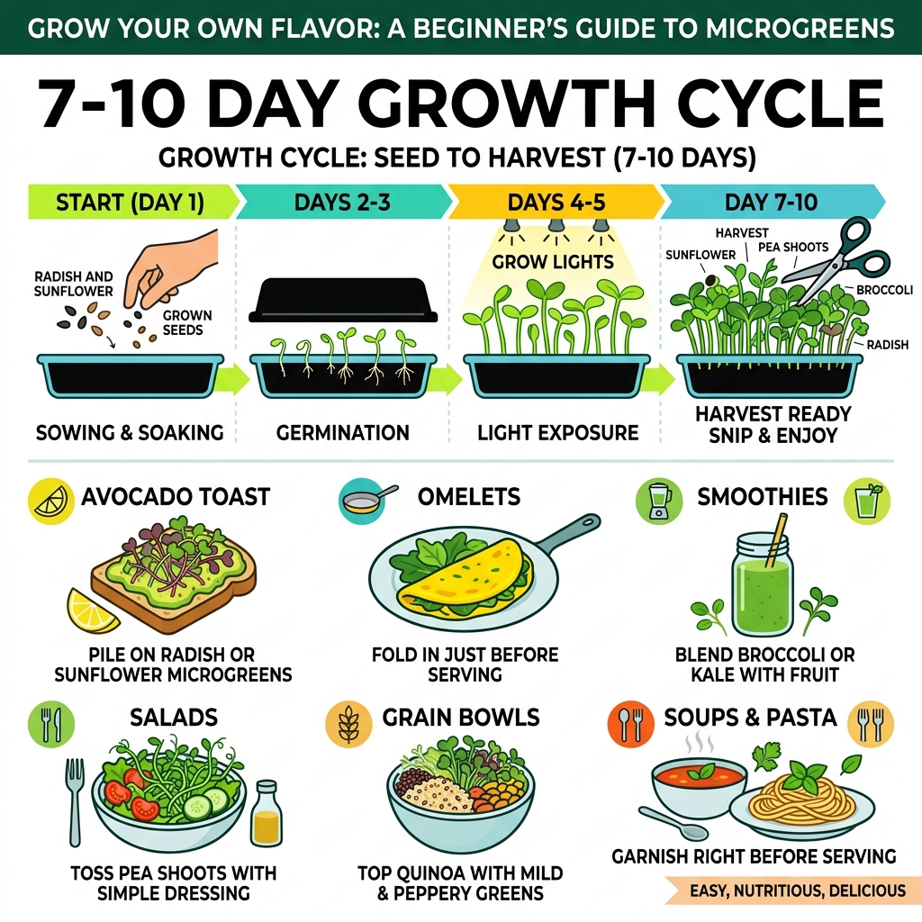 Infographic showing the 7-10 day microgreen growth cycle from seed to harvest with beginner recipe ideas - beginner friendly Infographic showing the 7-10 day microgreen growth cycle from seed to harvest with beginner recipe ideas - beginner friendly